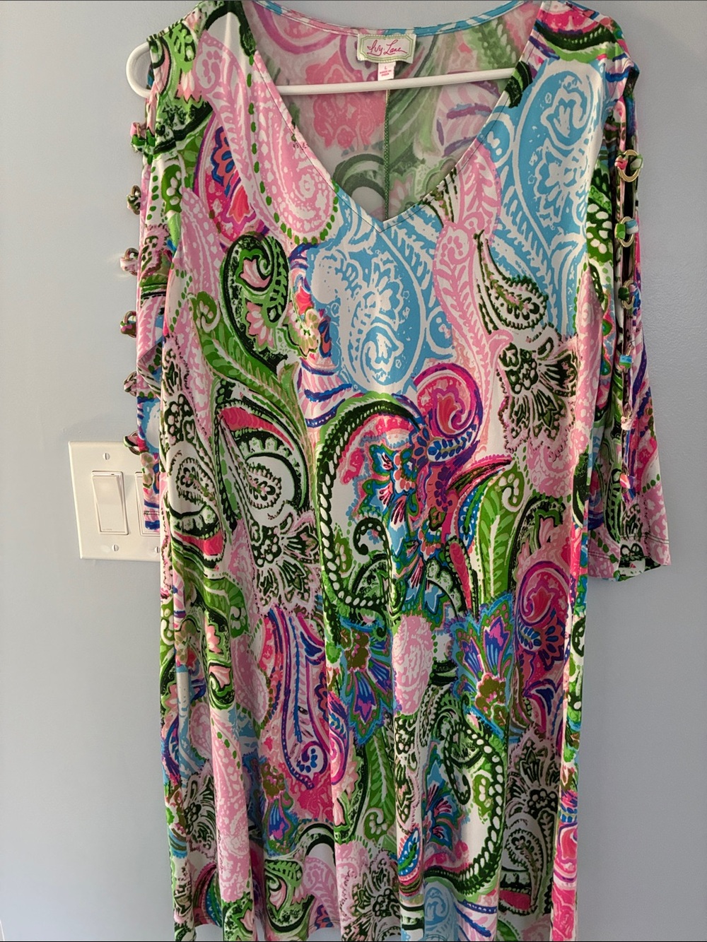 Ivy Lane Pink Multi Paisley Midi Dress with V-neck and gold accents